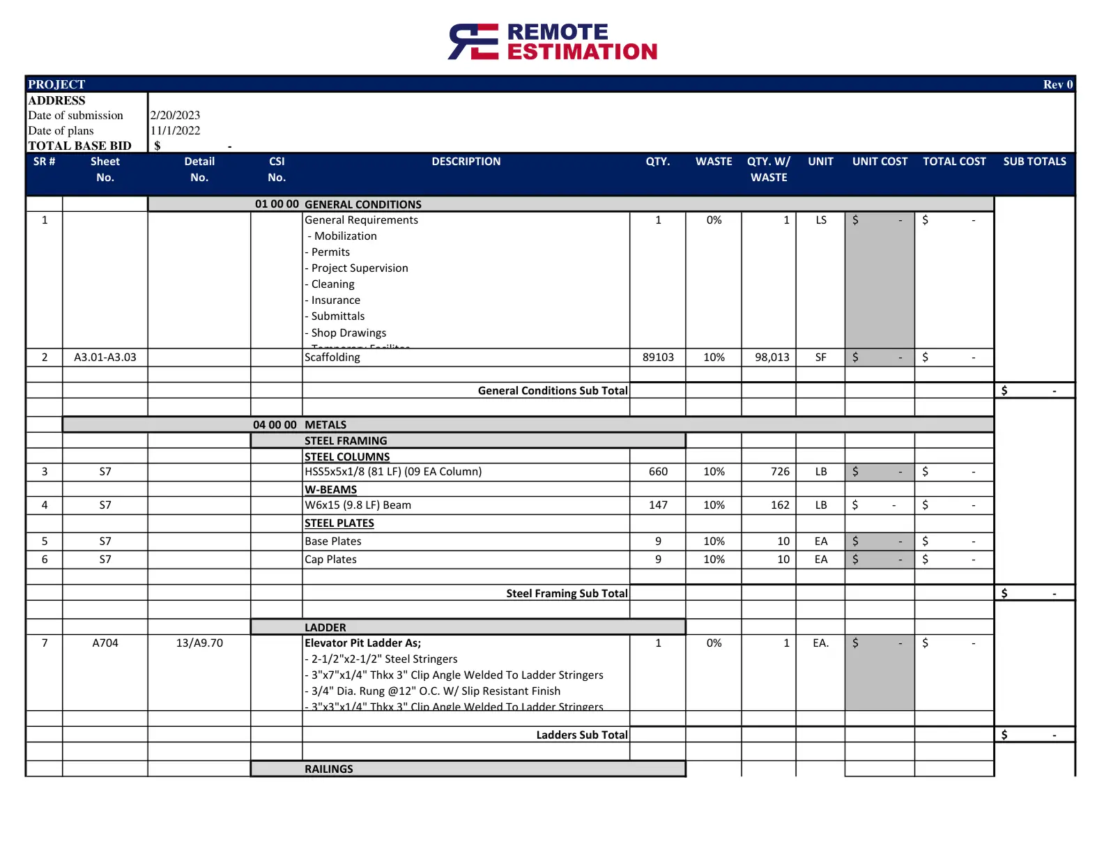 Commercial Construction Estimating Services building takeoff sheet showing detailed material counts and pricing.
