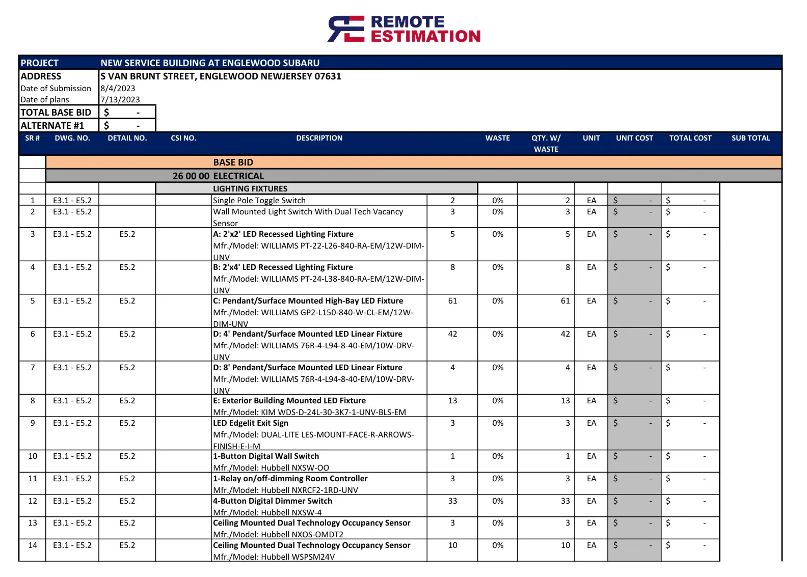 Electrical Estimating Services sample takeoff sheet showing conduits, wiring, and junction box counts.