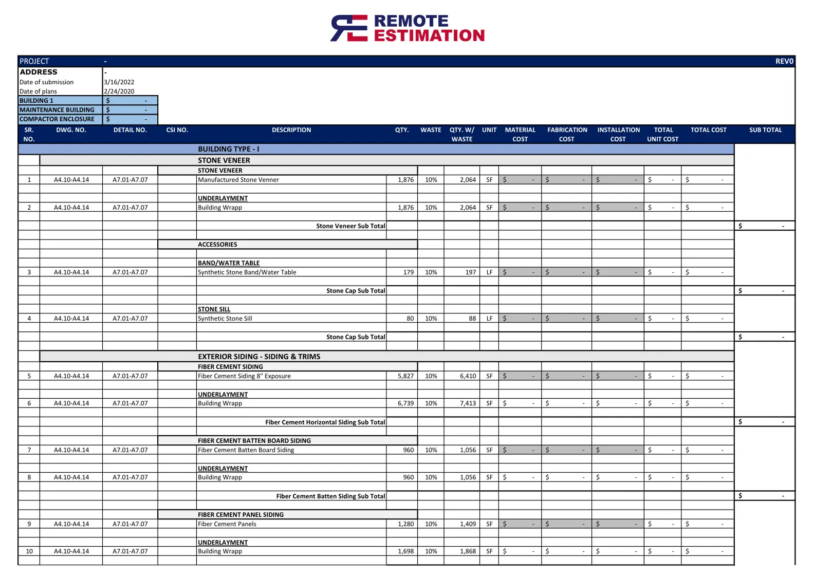 Exterior Finishes Takeoff Services siding takeoff sheet detailing vinyl, wood, and composite panel areas.