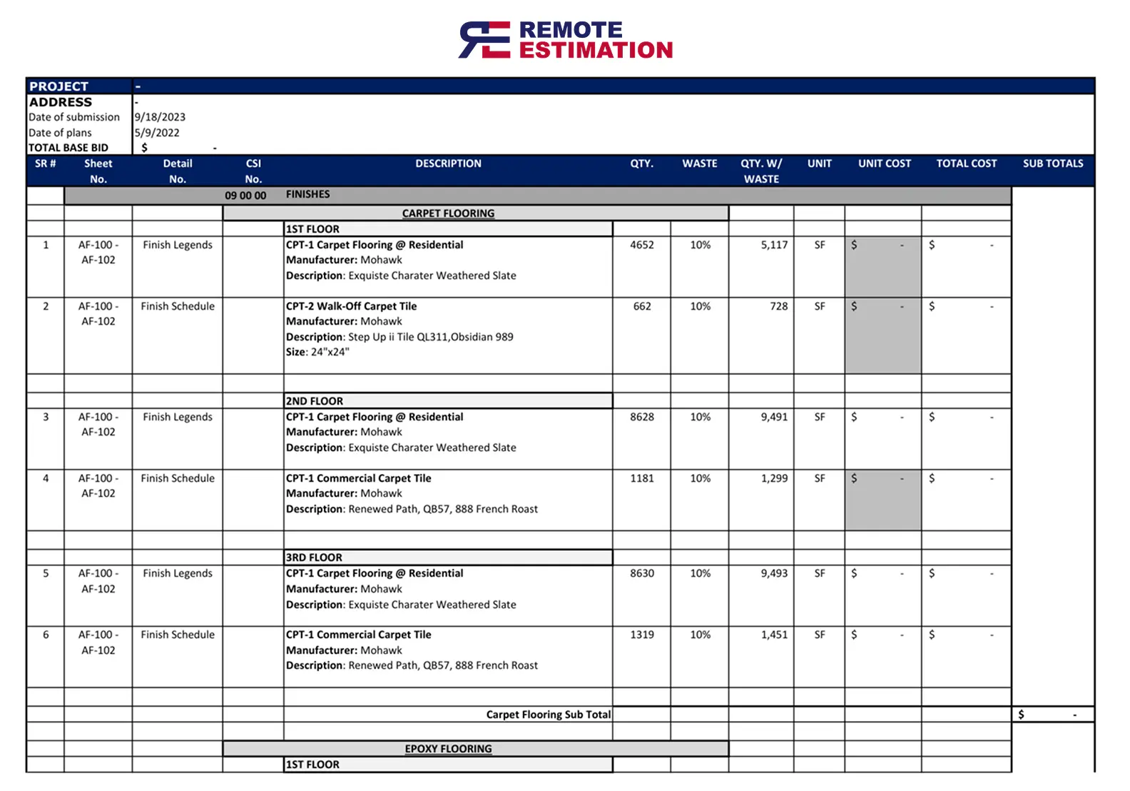 Flooring Estimating Services detailed takeoff sheet detailing different areas and carpet counts.