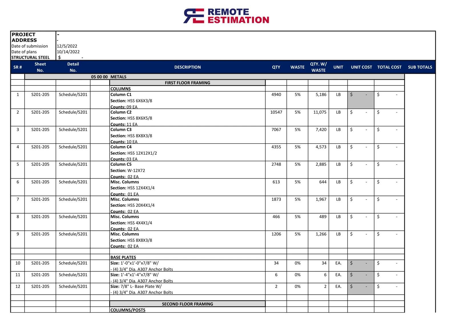 Metals Estimating Services structural steel takeoff sheet detailing columns, beams, and connection plates.