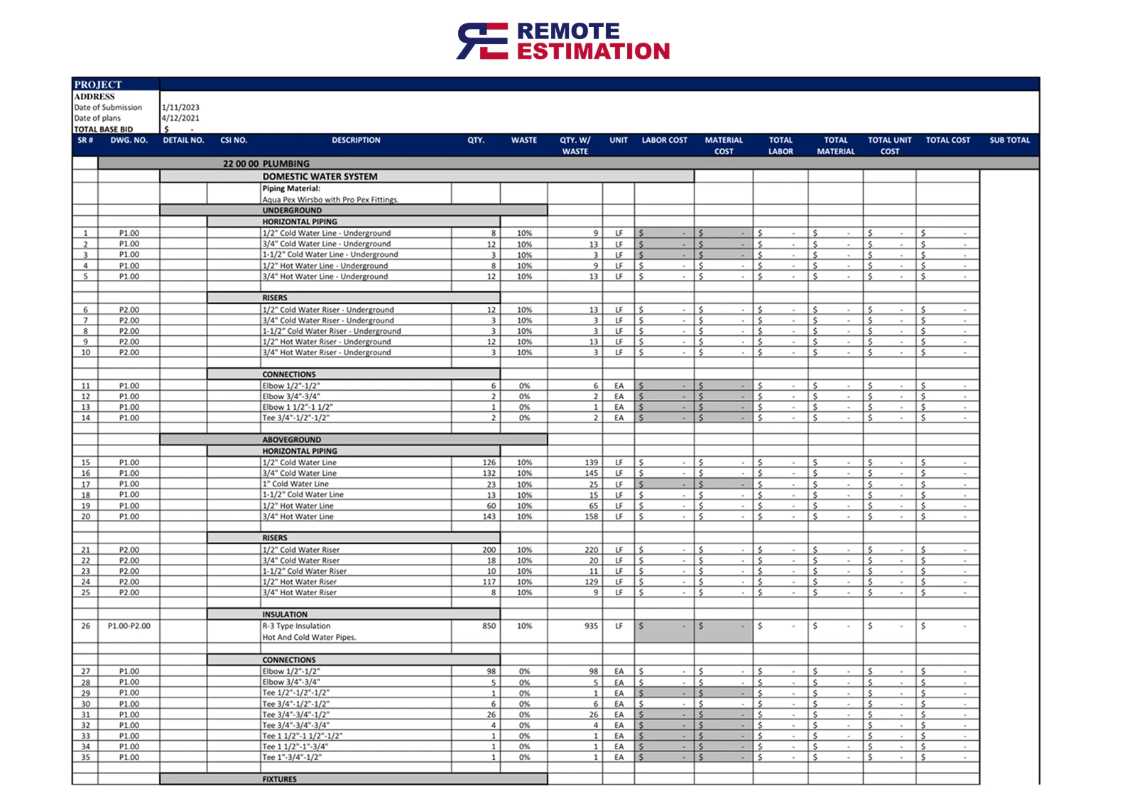 Plumbing Estimating Services detailed estimate report showing water, waste, and vent pipe calculations.