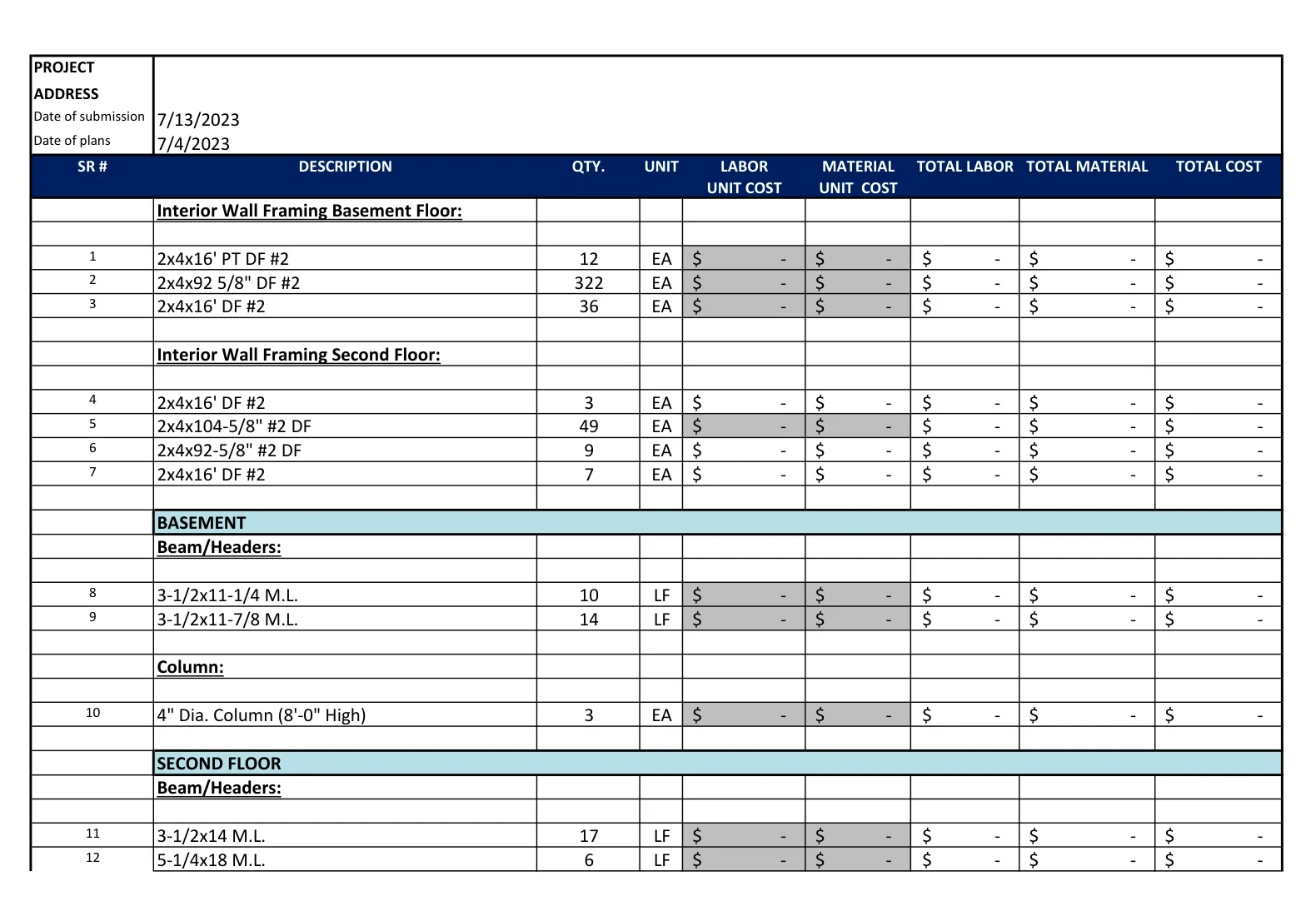 Residential Construction Estimating Services lumber takeoff sheet showing framing and sheathing quantities.