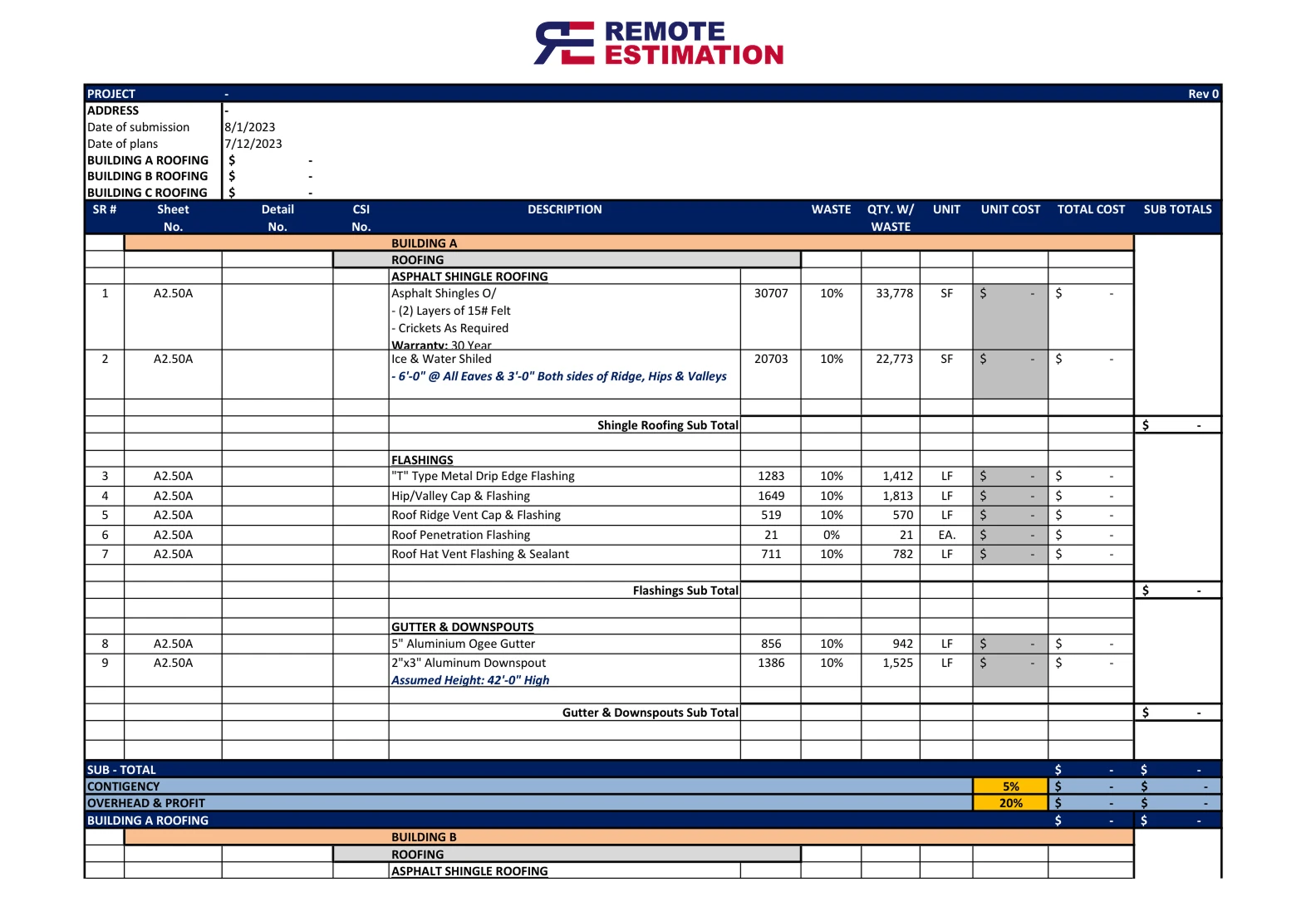 Roofing Estimating Services detailed takeoff sheet showing asphalt shingle area and underlayment counts.