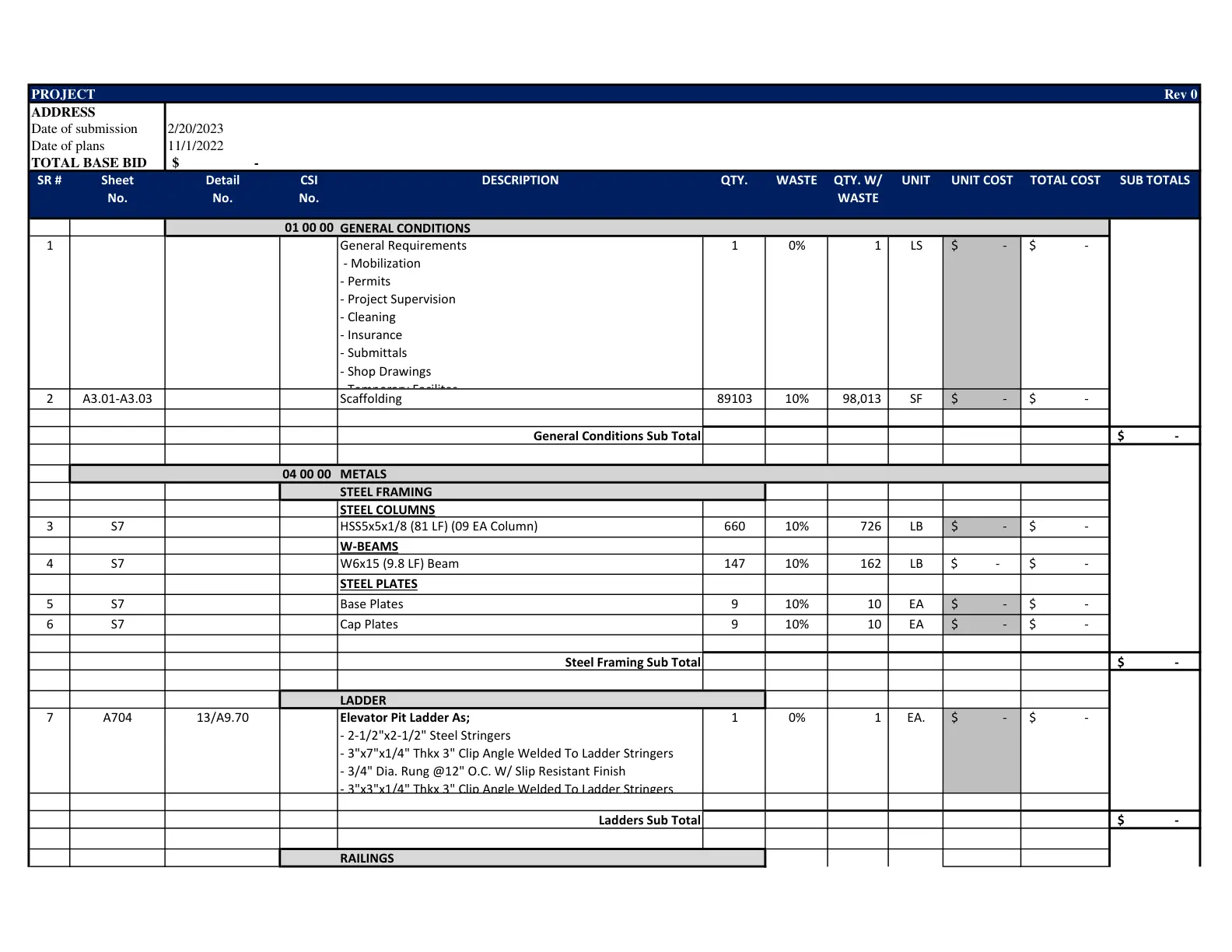 Construction Cost estimating services sample showing commercial material quantities and unit pricing.