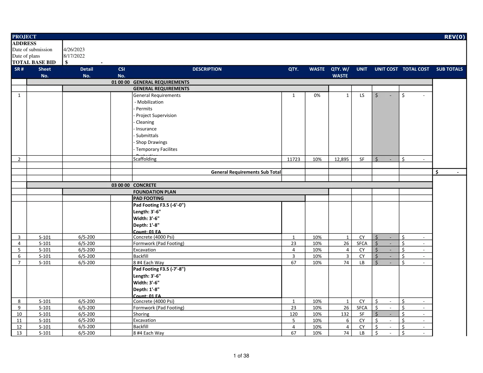 Construction Cost estimating services multifamily residential cost estimate and material takeoff report.